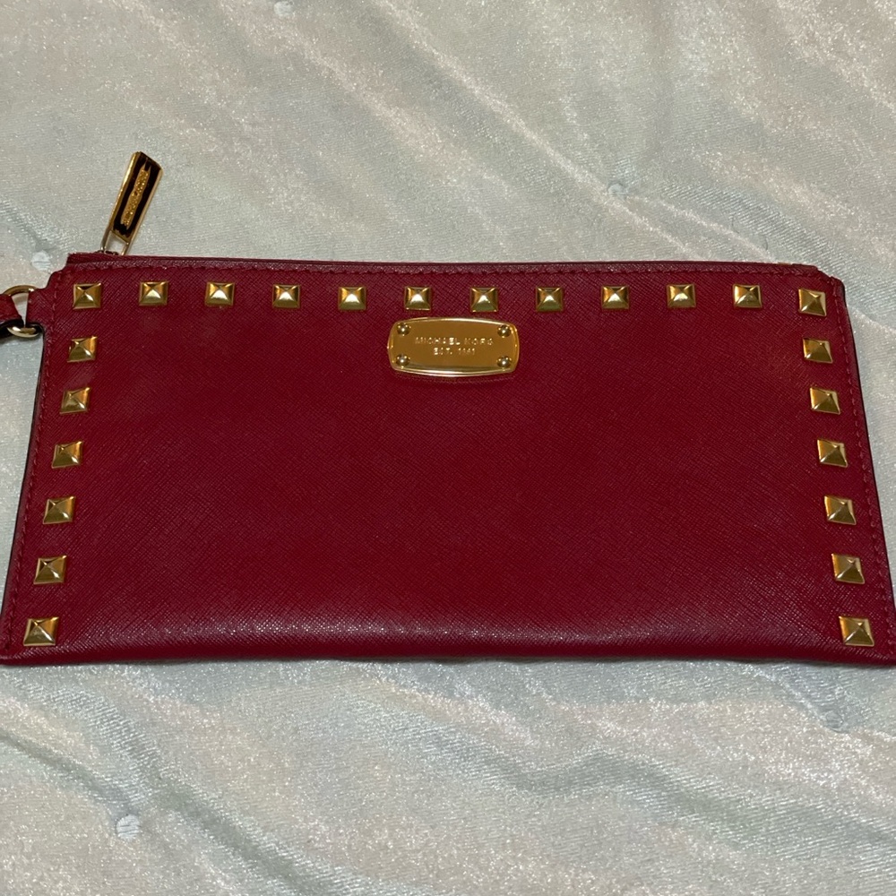 Michael Kors Saffiano Burgundy Red and Gold Studded Clutch